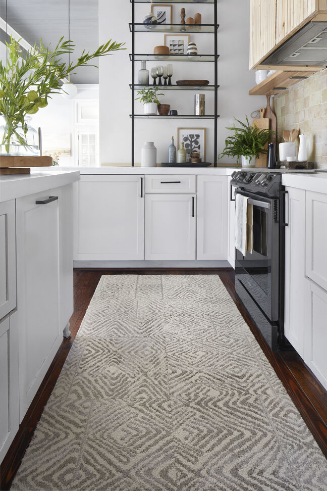 Kitchen with FLOR Cut Corners Runner Rug shown in Chalk